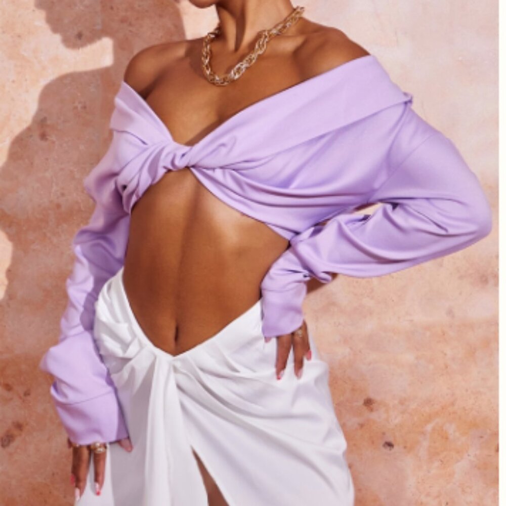 Brown and/or Lilac Satin Bardot Twist Front Crop Top